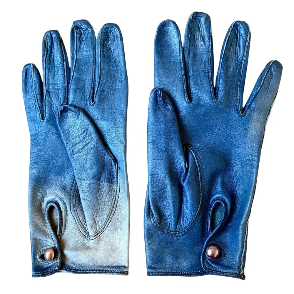 Vintage 70's Blue Leather Gloves Button Womens 7 DAMAGED